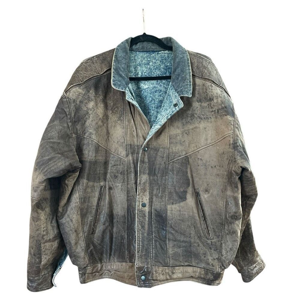 reversible 90s brown leather bomber jacket with blue acid wash denim lining